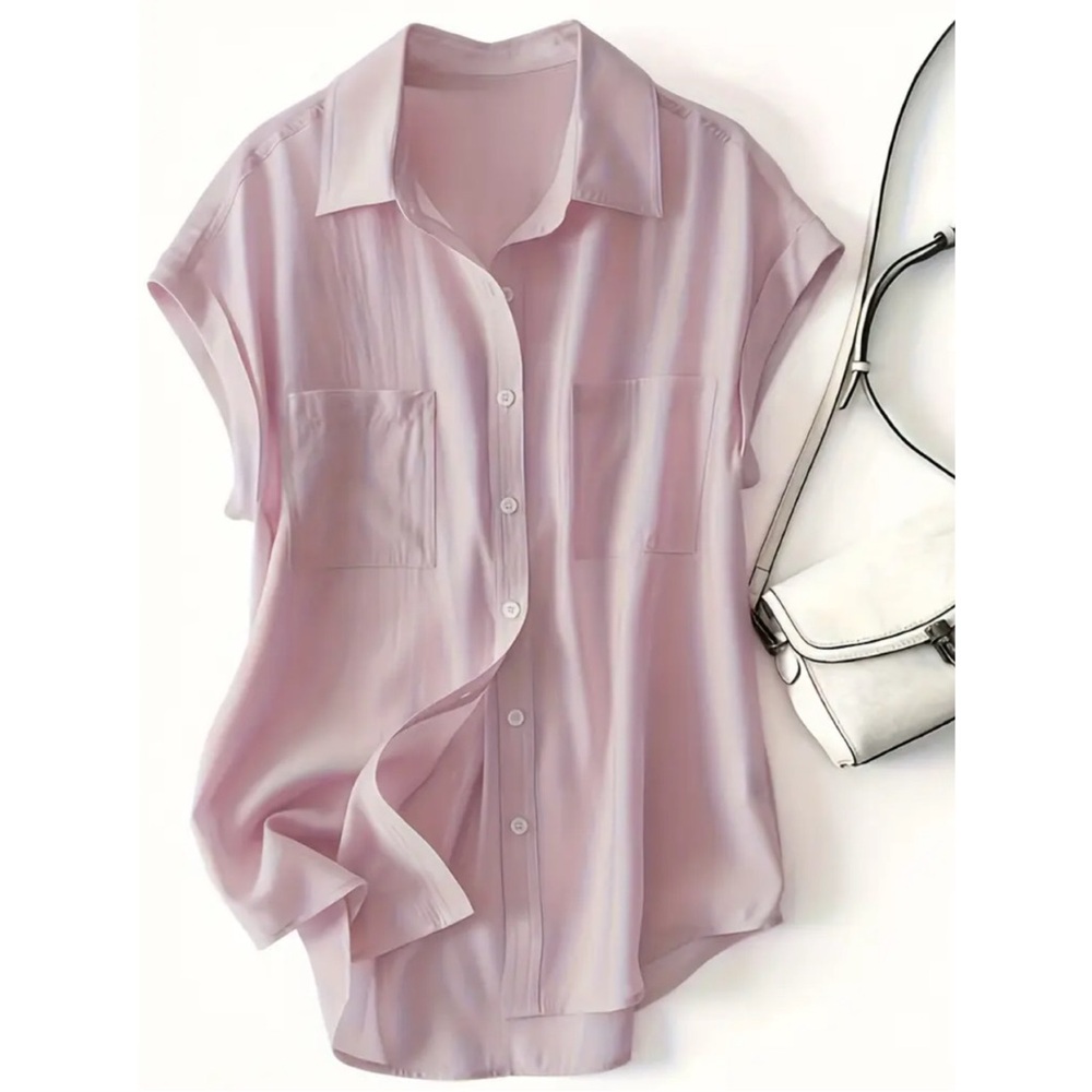 Vibrant Solid Color Cap Sleeve Blouse - Lapel Collar, Button Front, Semi-Sheer,